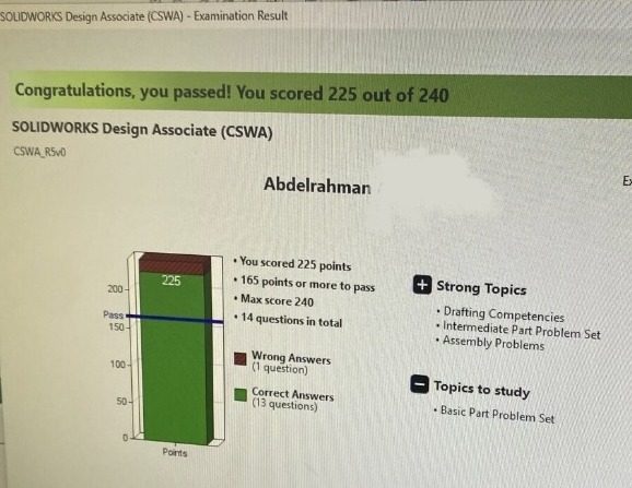SOLIDWORKS Design Associate certification result, passed with 225 out of 240